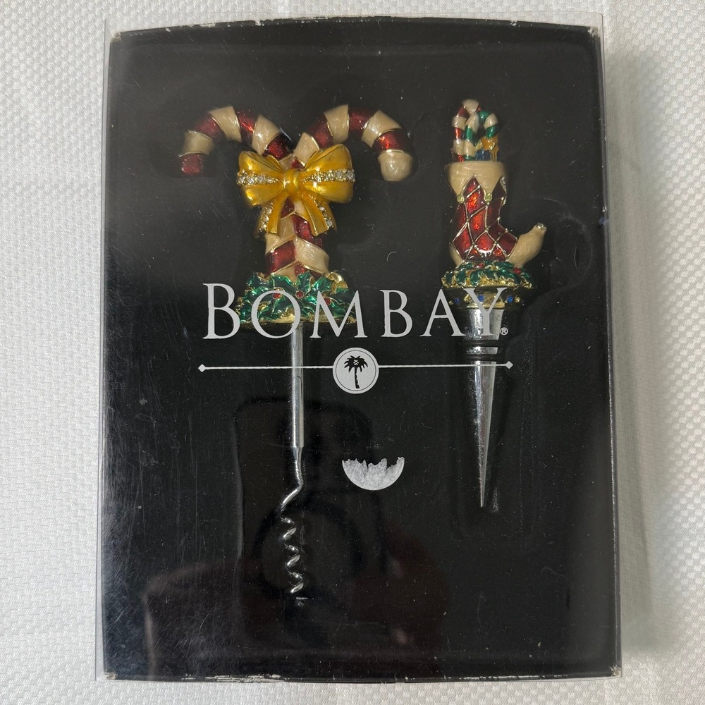 Bombay Christmas Wine Stopper Corkscrew Set Candy Cane Holiday Decor